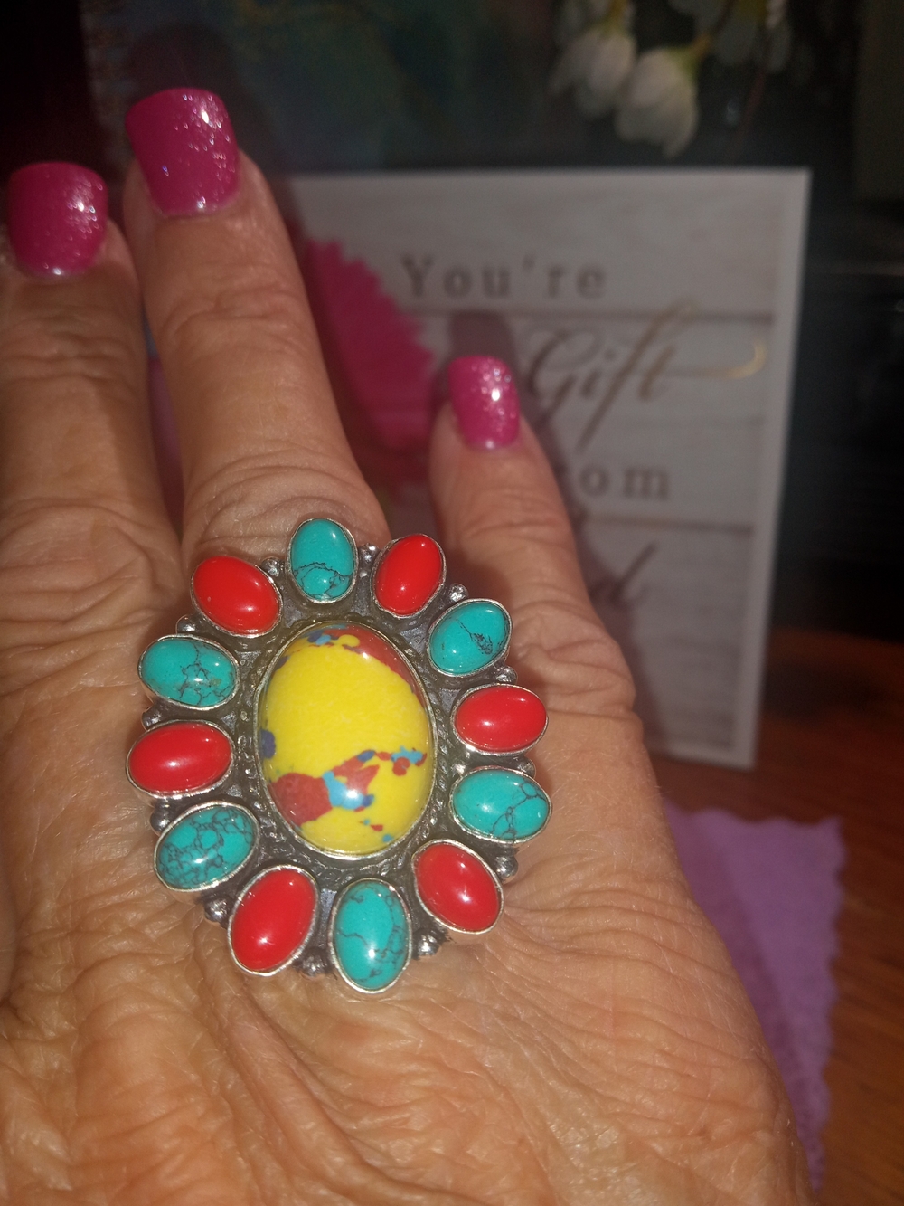 Turquoise & Red Statement Cocktail Ring with Yellow Center